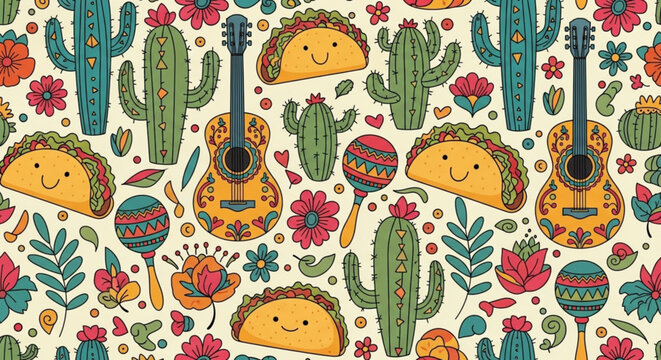 Vibrant mexican themed pattern with tacos cacti guitars and flowers on a festive background
