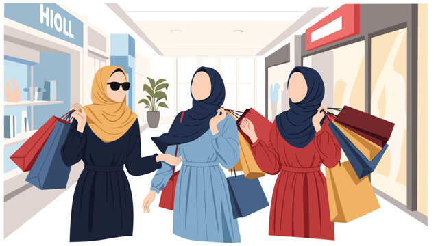 Three stylish women wearing hijabs and walking through a shopping mall carrying many colorful shopping bags.