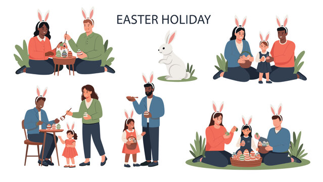 Diverse families and children celebrating easter holiday by painting eggs and playing with a rabbit in a park.