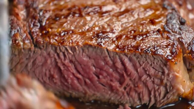 steak slicing with knife close-up macro, juicy beef being cut revealing tender texture and grill crust, gourmet cooking concept for restaurant menu, premium meat preparation, rich flavor experience