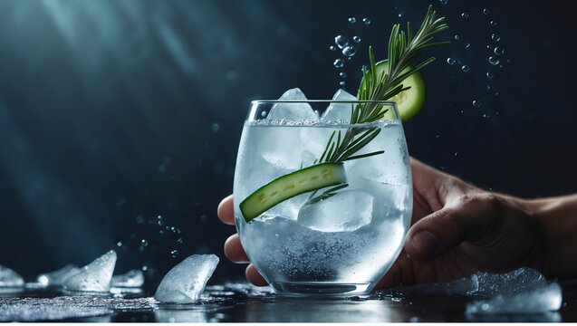 Hand grabbing a Gin and Tonic cocktail with rosemary, cucumber slices and ice, dynamic bubbles and splashes, 3D render