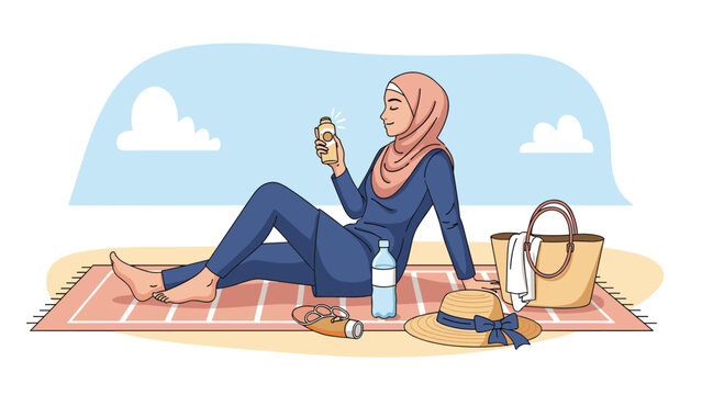 Muslim woman wearing a hijab and modest swimwear relaxes on a beach mat while holding a bottle of sunscreen.