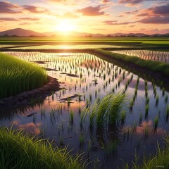 Obraz premium Serene rice field at sunset landscape.