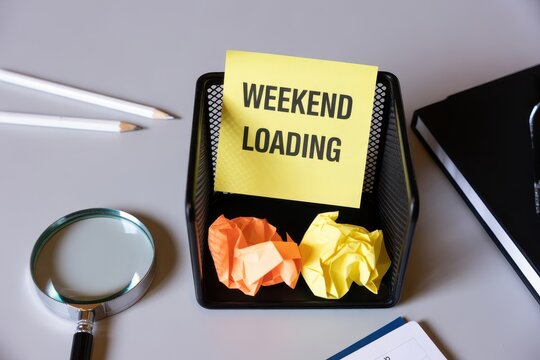 Weekend loading motivational note on desk with stationery