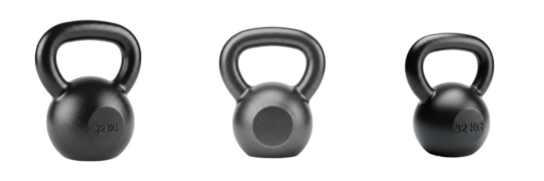 Cast Iron Kettlebell isolated on white background, Poids Russe, Pesa Rusa, Crossfit Training, Gym Strength Equipment, Professional Fitness Gear.
