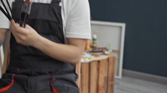 Man painter in studio examines paintbrushes while holding multiple brushes and wearing apron; contemplation.