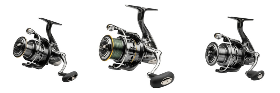 Fishing Reel isolated on white background, Moulinet de P&ecirc;che, Carrete de Pesca, Spinning Reel, Angling Equipment, Professional Fishing Gear.