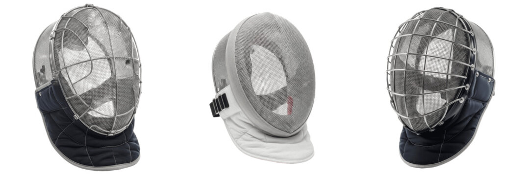 Fencing Mask isolated on white background, Masque d'Escrime, M&aacute;scara de Esgrima, Steel Mesh Protection, Safety Headgear, Combat Sports Gear.