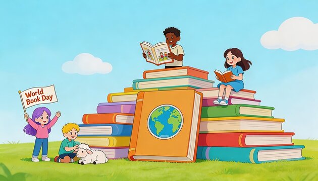 Illustration of children reading books on a large stack of books, celebrating World Book Day. Highlights education, reading, and literary engagement for kids.