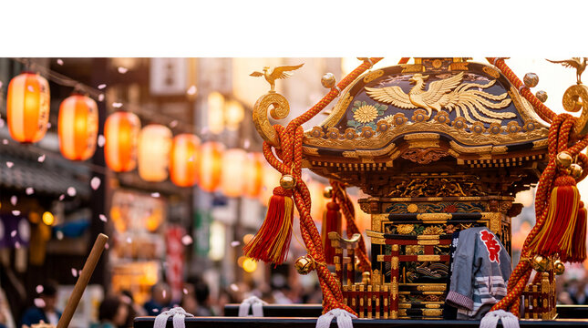 Ornate Japanese mikoshi portable shrine with gold leaf phoenix carving and lantern bokeh at traditional festival celebration