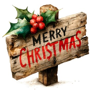 Rustic wooden sign with Merry Christmas in red lette and holly berries perched on a post for a festive holiday decoration scene.