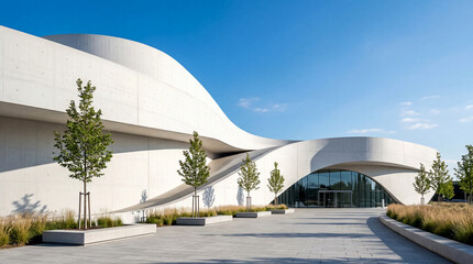 Contemporary White Curved Museum Building Exterior with Blue Sky and Stone Plaza with copy space on right