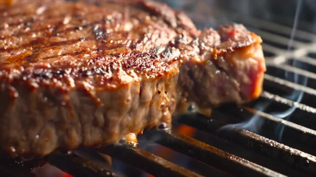 Juicy beef steak grilling on barbecue with smoke and sear marks. Close-up of perfectly cooked meat with crispy crust and tender texture, outdoor cooking concept with rich flavor and intense heat.