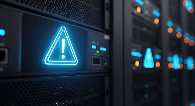 Close-up of server racks with a glowing warning symbol, indicating a potential issue