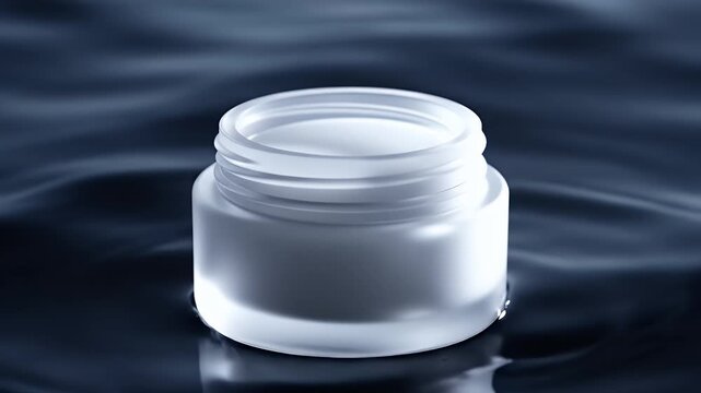 Blank frosted glass cosmetic jar with clear lid prototype on dark rippling water surface with studio lighting and subtle
