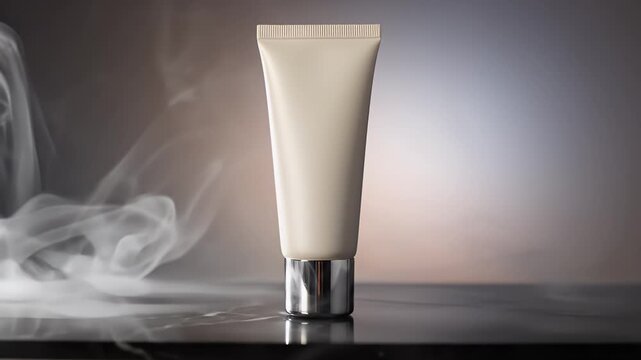 Blank Cream Tube with Subtle Vapor Movement Behind Soft Gradient Background and Reflective Surface