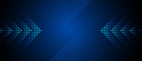 Obraz premium Futuristic Blue Data Exchange Background with Symmetrical Arrow Dots. Modern Blue Technology Background with Digital Arrow Flow and Dot Pattern