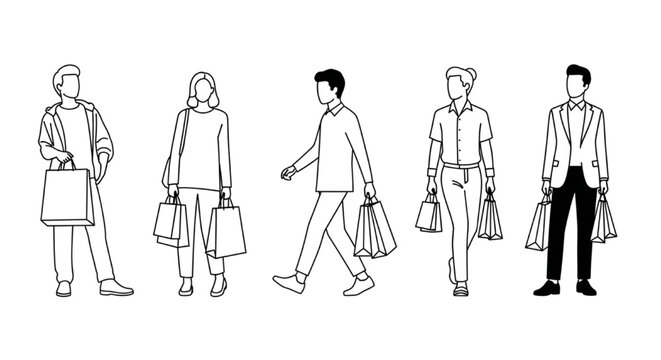 Shopping People Outline Character Set with Retail Customer Bag Illustrations