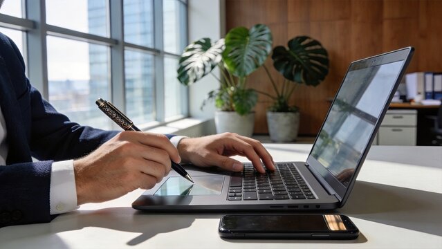 Businessman using laptop and digital tablet in modern office with city view remote work concept professional multitasking corporate technology home office setup digital nomad