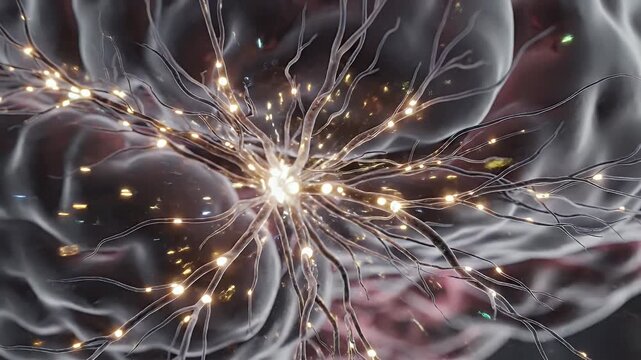 Brain neural network activity visualization with glowing neurons and synapses detailed close up science concept 4K