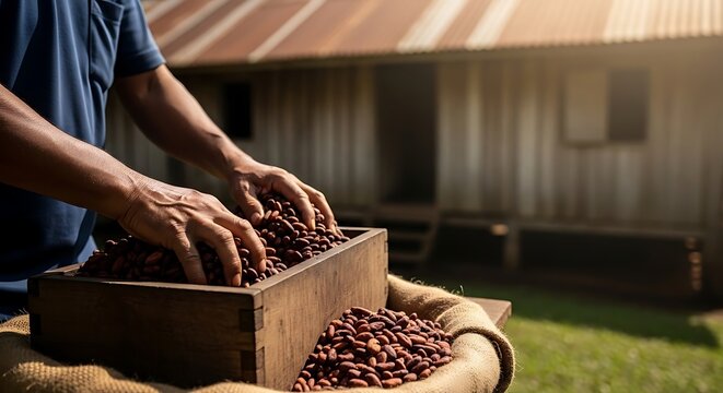 Skilled hands gently sort through a generous pile of delicious cocoa beans being prepared with care for further processing in a rustic agricultural setting with a traditional dwelling visible in