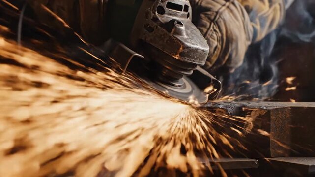 Professional worker cutting metal with an angle grinder in a workshop