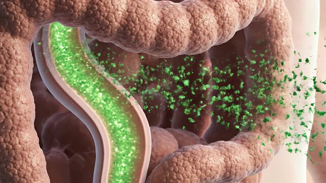 CGI Animation of Probiotic Bacteria Supporting Gut Health Against Pathogens in Intestinal Tract