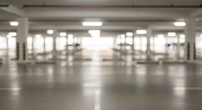 Sunlight streams into an empty concrete parking garage, illuminating the floor and structural elements.