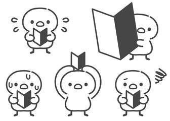 初心者マークを持つひよこの手描き線画イラストセット © Nitomaru