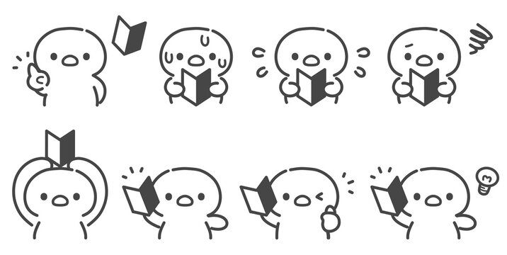 初心者マークを持つひよこの手描き線画イラストセット 上半身