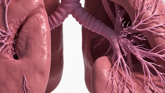 Close up of healthy lung bronchioles and elastin fibers with a white background in a medical animation