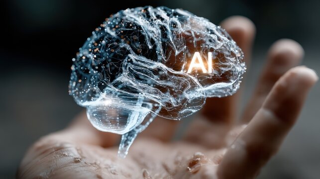 Digitally rendered human hand cradling a translucent, glowing brain with "AI" text
