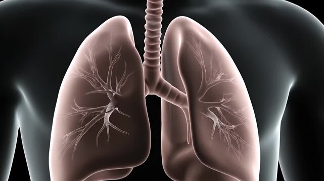 Detailed 3D Animation of Human Respiratory System Showing Lungs and Trachea in Orange Tones on Dark Background With Subtle