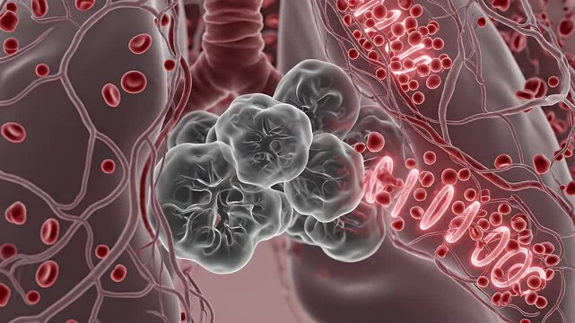 Detailed CGI Animation of Healthy Lung Alveolar Sacs with Red Blood Cells in Capillaries