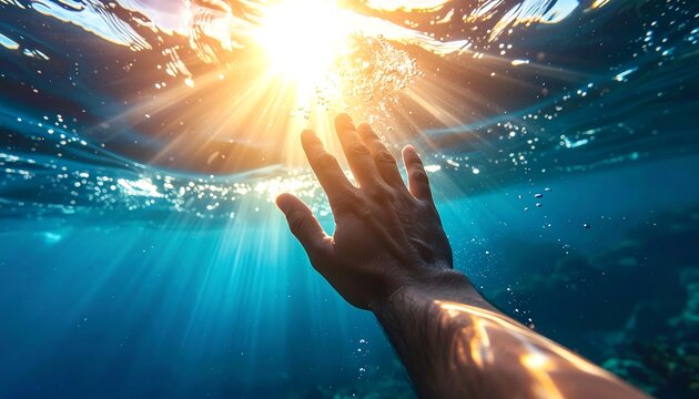 Sun rays stream down to a hand reaching up from underwater