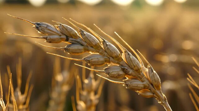 Extreme close up of wheat ear texture with sunrise light for food commodity