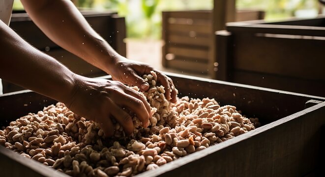 Artisan hands process raw cacao beans in a wooden fermentation box showcasing a traditional agricultural method for chocolate production with natural sunlight and a lush outdoor environment