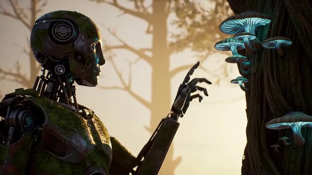 A robot touches glowing mushrooms on a tree in a futuristic video game landscape.