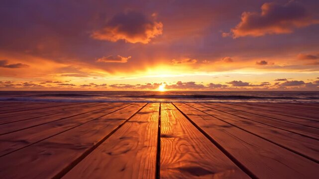 Wide perspective view of a large wooden deck stretching toward the ocean horizon at sunset with dramatic orange and purple clouds reflecting on the timber planks and calm water surface.