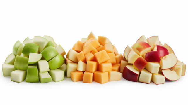 Piles of diced green apples, cantaloupe melon cubes, and red apple pieces on white background