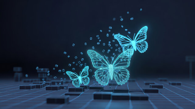 Three glowing blue wireframe butterflies floating above a dark grid surface with scattered digital particles and geometric blocks in a virtual space