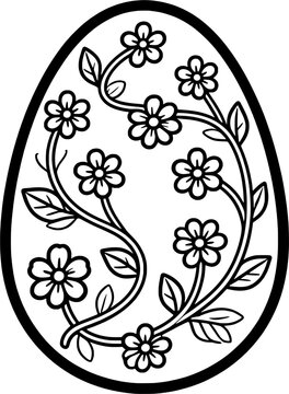 Floral Easter Egg Icon with Flower Pattern, Black and White Vector Illustration for Spring Decoration
