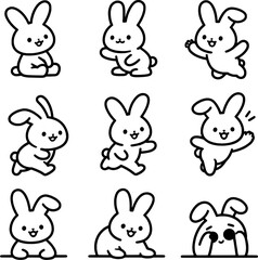 Obraz premium Cute Bunny Character Set, Minimalist Rabbit Mascot Collection, Kawaii Easter Bunny Vector Illustration in Various Poses