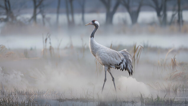 Crane in fog with 200mm lens f5.6 moody atmosphere serene minimalist wildlife scene