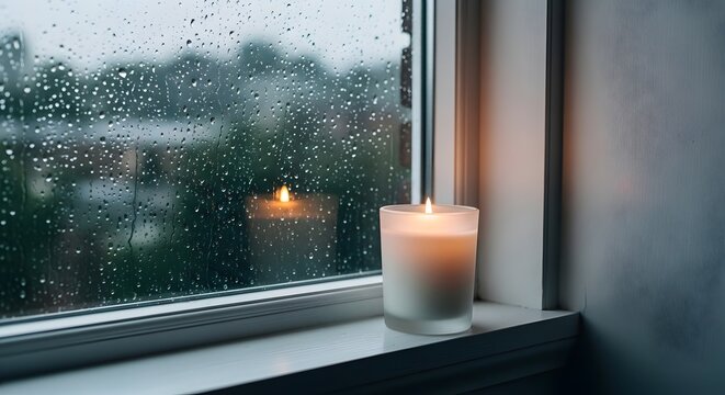 Lilin putih menyala di ambang jendela dengan kaca basah oleh tetesan air hujan di hari mendung.