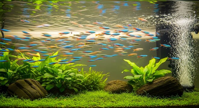 Kawanan ikan neon tetra berenang di akuarium dengan gelembung udara.