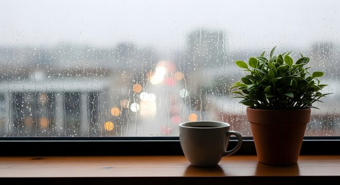 Secangkir kopi dan tanaman hias di ambang jendela kayu saat hujan turun.
