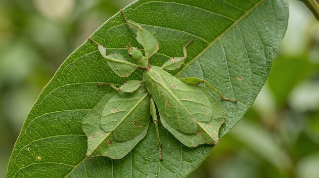 A remarkable leaf insect camouflaged on a green leaf in nature.