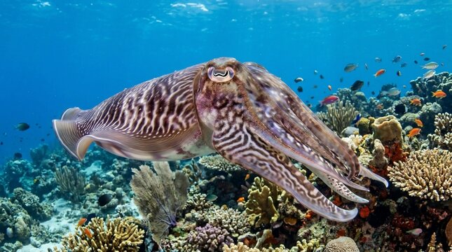 A vibrant cuttlefish swimming over a colorful coral reef in the ocean.