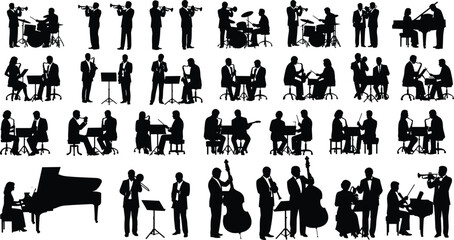 Silhouettes of diverse jazz and classical musicians performing with instruments including trumpet, saxophone, trombone, drums, piano, guitar, double bass © MSTMONIRA